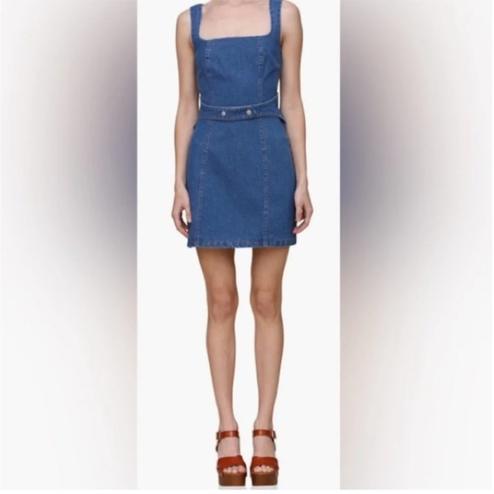 Avec Les Filles Denim Square-Neck Mini Dress in Blue - Picture 2 of 5